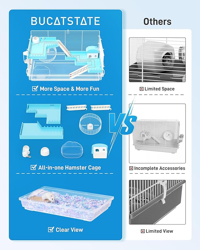 BUCATSTATE 3 Levels Small Hamster Cage with Accessories, 8-in-1 Small Animal House for Dwarf Hamsters, Mice, Gerbils (18.5"x11.8"x11.8")