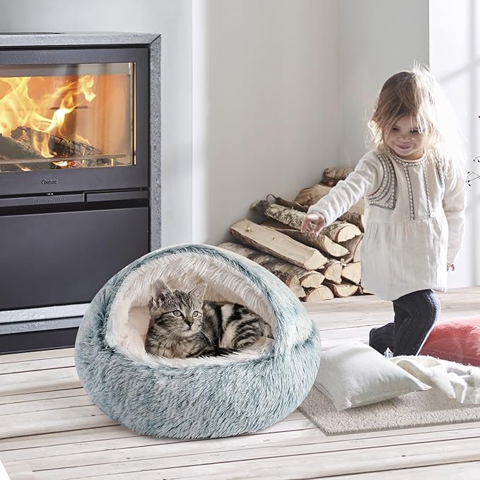CATISM Cozy Cat Pod - Plush Hooded Cat Bed Cave, Self Warming, Removable Washable with Non-Slip Bottom