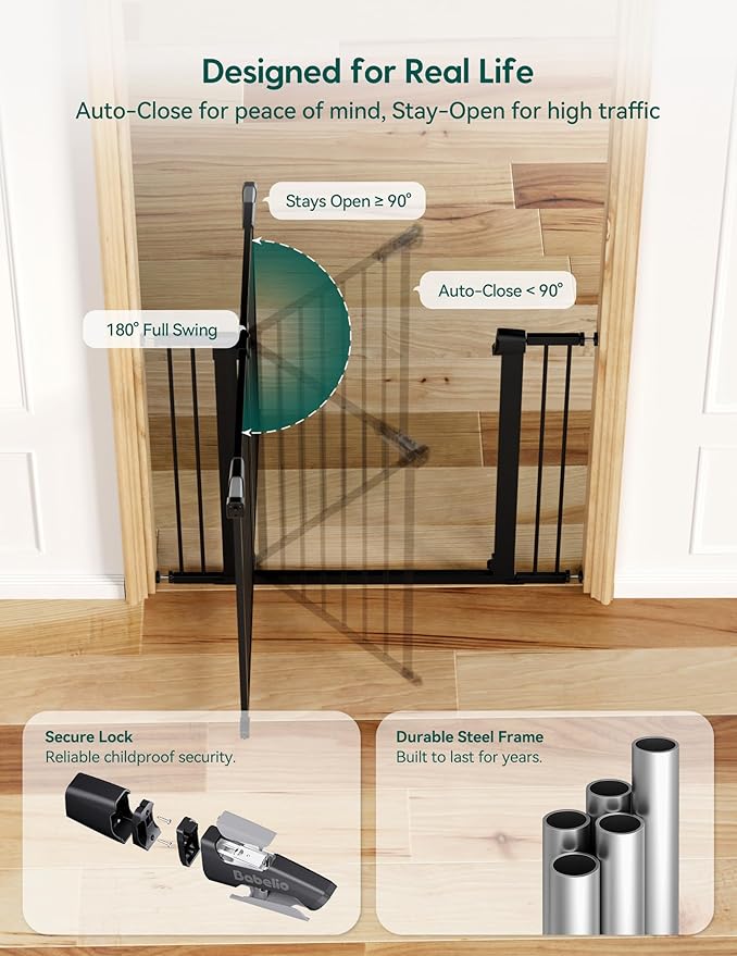 BABELIO 36" Tall Baby Gate, 26-40" Wide Auto Close Pet Gate, PressGuard C5 Pressure Mounted Metal Dog Gate, Easy-Install No Drilling, No Tools Needed, with Wall Protectors and Extension Kits, Black