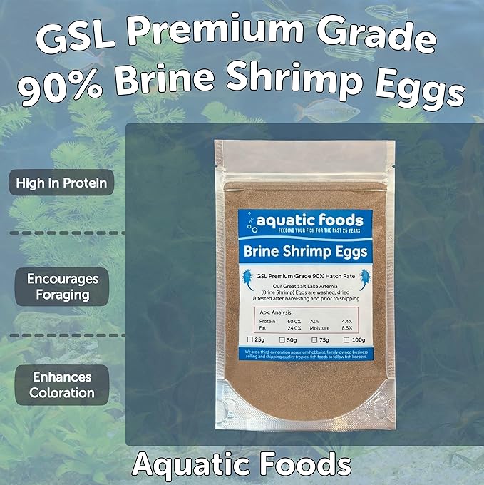 Aquatic Foods Inc. Brine Shrimp Artemia Eggs, Premium Grade 90% Hatch Rate from The Great Salt Lake, Utah, USA.- 50 Grams -1.76oz
