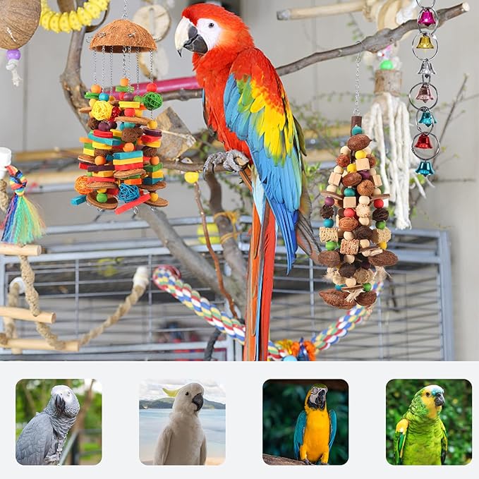 Bird Parrot Toys Natural Large Parrot Blocks Toy Colorful Bird Chewing Toys with Bells for Macaw Cockatoo African Grey Parakeets (Multicolor 01)