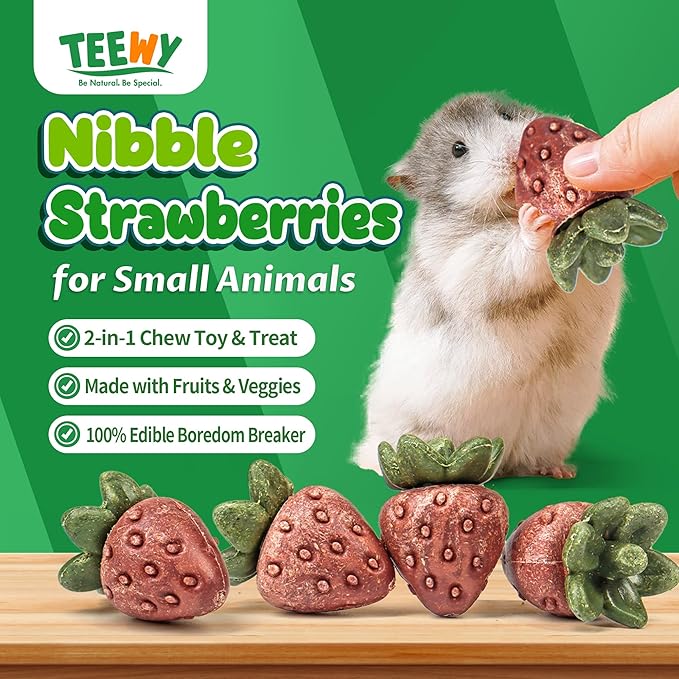 TEEWY Guinea Pig Toys, 4PCS Strawberry Shaped Hamster Toys, Natural Guinea Pig Chew Toys for Teeth Grinding, for Hamster, Gerbil, Chinchilla, Rat