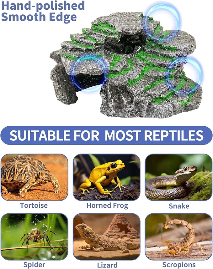 Turtle Basking Platform, Reptile Habitat Hideout, Decorative Resin for Aquarium & Terrarium, Including Artificial Plant and Cleaning Brush.(C-Medium-Black)