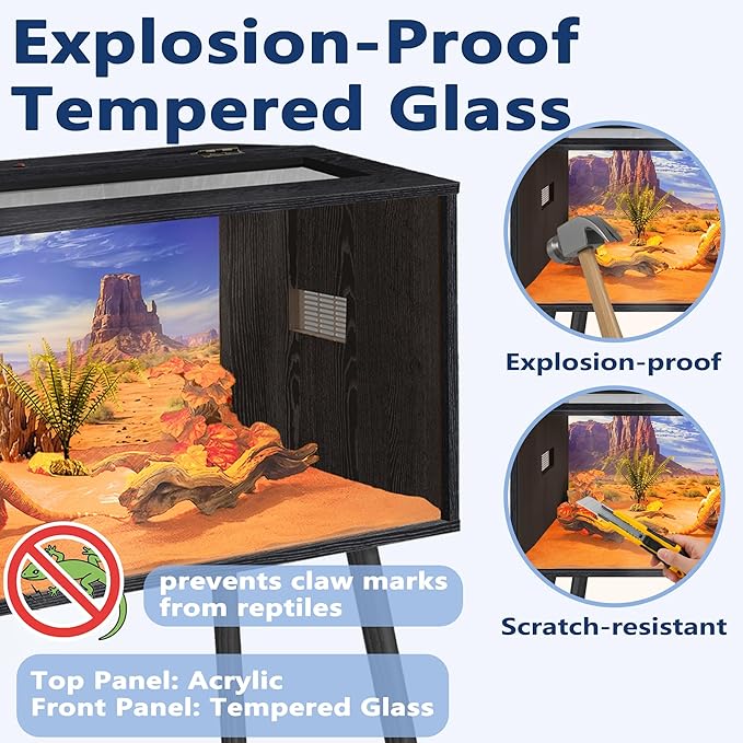 Prolee 36 Gallon Reptile Tank, Tempered Glass Bearded Dragon Tank with Wooden Roof and Lockable Doors, Large Lizard Habitat for Snakes, Iguanas, Chameleons (Black)