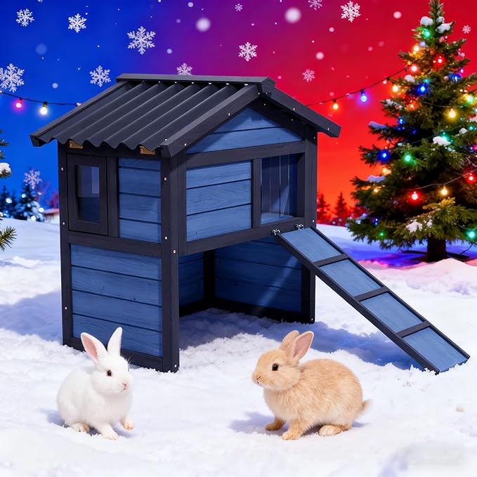 Outdoor Rabbit Hutch, Weatherproof Rabbit Cage Indoor 100% Insulated Foam Bunny Cage Small Pet House with Openable Roof,Flip Acrylic Side Door for Winter Outside (Blue)
