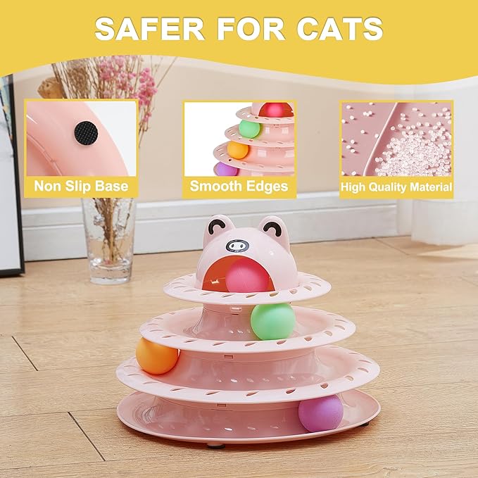 Gefryco Cat Toys 4-Tier Roller Track, Turntable Cat Tower Toy with Colorful Chase Balls, Multi-Level Interactive Cat Toys for Bored Indoor Adult Cats, Fun Puzzle Kitten Exercise Toys Self Play (Pink)