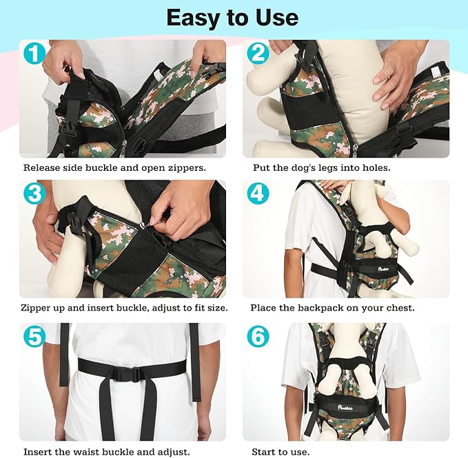 Pawaboo Pet Dog Front Carrier Backpacks, Legs Out Pet Carrier Backpack for Dogs, Adjustable Easy-fit Dog Chest Carriers for Small Medium Dogs Hands Free for Travel Hiking Cycling Camping, S, Camo