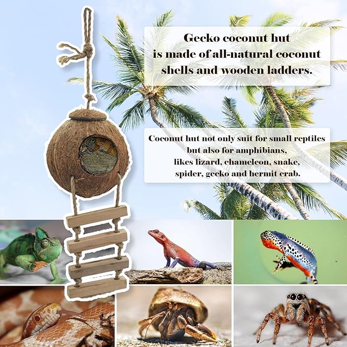 6PCS Crested Gecko Coconut Hut, Lizard Coco Den with Ladder and Reptile Hammock Bearded Dragon Tank Accessories Climbing Hanging Plants Jungle Vine Flexible Reptile Leaves Decor