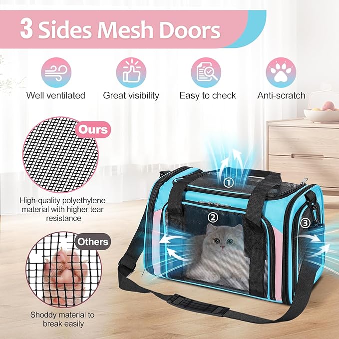 Discala Cat Dog Carrier Up to 15 Lbs TSA Airline Approved Pet Carrier for Small Medium Cats Puppies Dog Carriers for Small Dogs Collapsible Soft Sided Cat Travel Carrier - Blue&Pink 17"x11"x11"