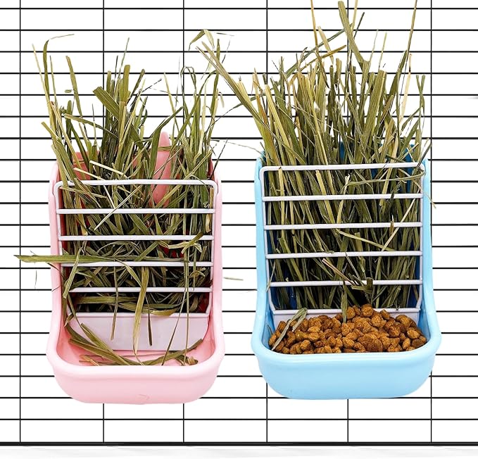 Hamiledyi 2PCS Rabbit Hay Feeders Rack 2 in 1 Feeder Bowls Double Bunny Feed Holder Grass Food Supplies for Chinchillas Guinea Pig Hamsters (Pink+Blue)