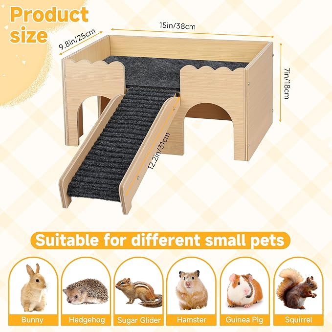 Wooden Guinea Pig Hideout Castle with Stairs,Small Animal Bed Hut Habitats Spacious 2-Level Detachable Small Pet House for Rabbits, Hamsters & Chinchillas Bunny (Grey)