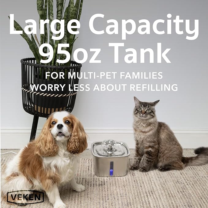 Veken Innovation Award Winner Stainless Steel Cat Water Fountain, 95oz/2.8L Automatic Pet Fountain Dog Water Dispenser with Replacement Filters & Silicone Mat, Gifts for Christmas, Cats, Dogs (Silver)