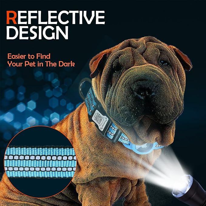 Reflective Dog Collar with Apple AirTag Holder & QR Code Pet ID Tag,Soft Nylon Adjustable Dog Tracker Collar with Safety Lock for Small Dogs (Blue, S)
