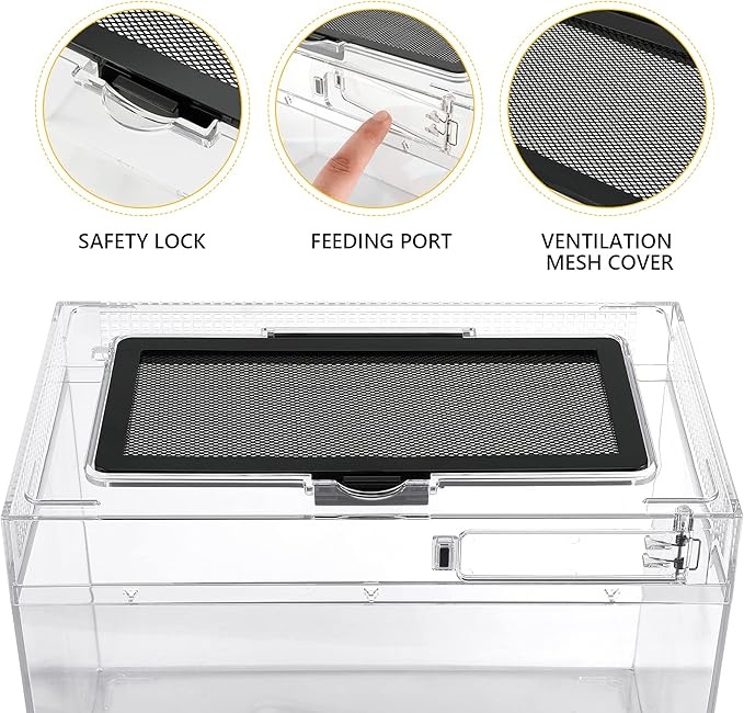 Reptile PC Terrarium,Anti Breakage 15x8x10inch Amphibians Insect Tank Gecko Starter Kits,Top Sliding Door Screen Ventilation Mini Isopod Habitat Cages,Hygrometer Thermometer,Hide Cave,Tweezer,Sprayer
