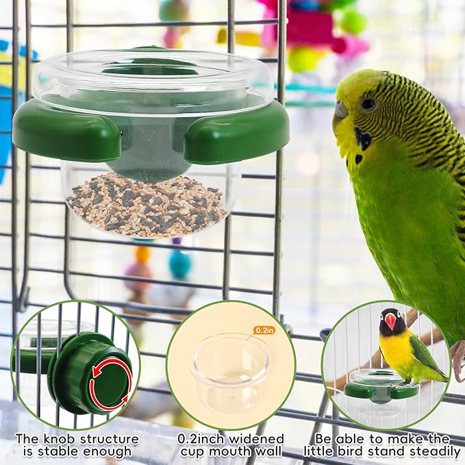 PINVNBY 4 PCS Birds Cage Feeders with Clamp, Transparency Feeding Dish Cups Easy to Install Bird Bowls Small-Sized Detachable Parakeet Feeder for Finches Lovebirds（Green）