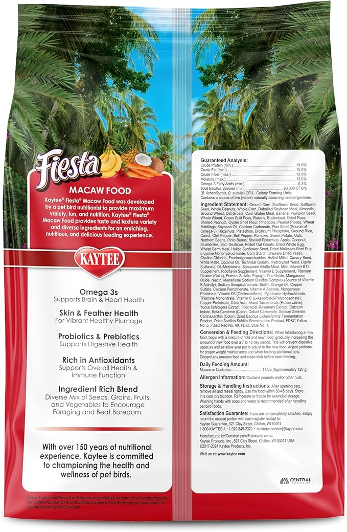 Kaytee Fiesta Macaw Food, Nutritious and Fun Blend, Supports Skin, Feather, Digestion, Brain and Heart Health, 4.5 pounds