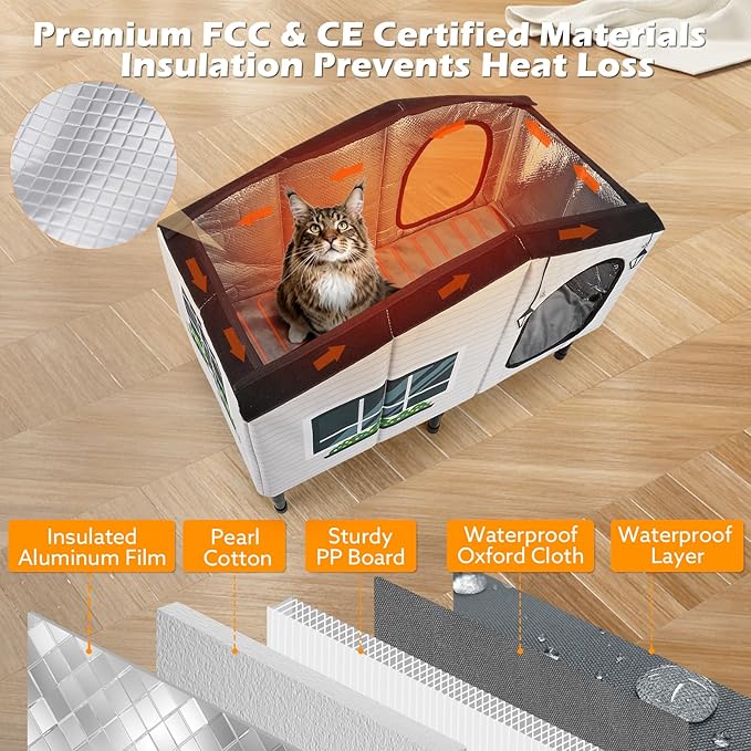 GASUR Weatherproof Heated Cat House for Outdoor Cats, Insulated Heating Cat House with Heated Pad for Winter, Elevated Heat Cat Shelter Waterproof Safe Feral Outside Pet House for Cats(20"x17"x16")