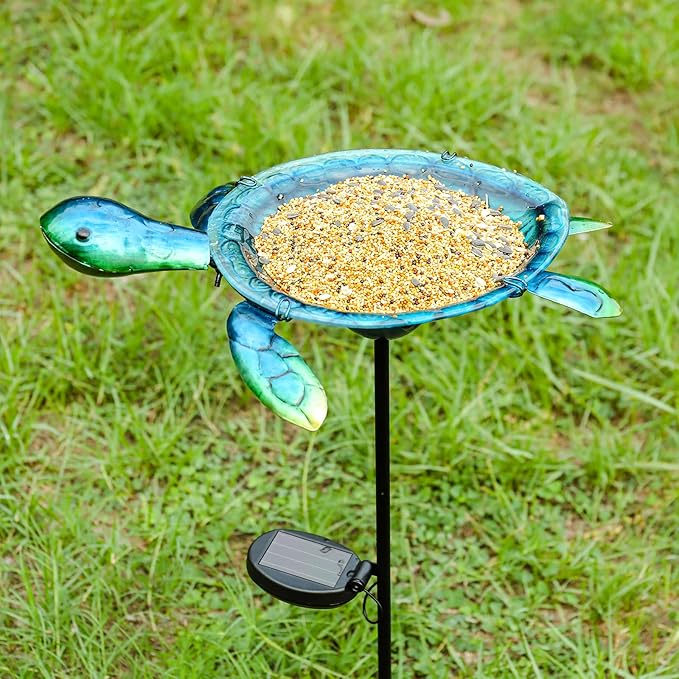 MUMTOP Outdoor Bird Bath Solar Birdbath Small Birdfeeder with Turtle Metal Stake for Garden Yard Outside Decor