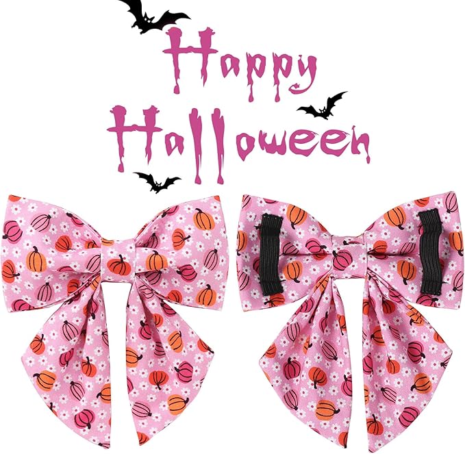 Halloween Pumpkin Dog Collar with Bow Tie, Pink Halloween Puppy Bowtie Collar with Adjustable Metal Buckle,Fancy Dog Collar Bowtie for Girl Boy Dog,XS