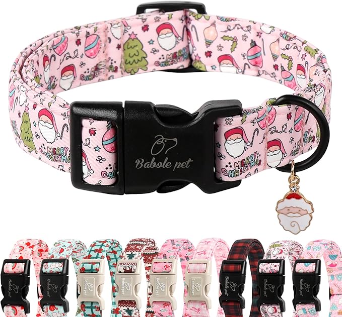 Christmas Dog Collar for Giant Large Dogs - Cute Santa Print Pink Christmas Collars for Dogs, Soft Adjustable Winter Holiday Dog Collars with Quick Release Buckle XL