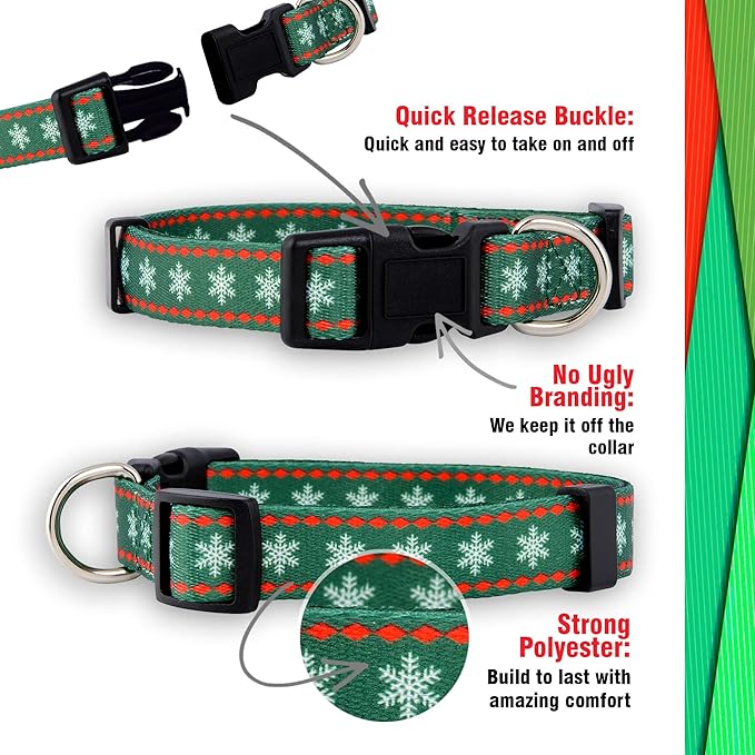 Native Pup Christmas Dog Collar- Winter Holiday Collars for Pets- Xmas Gift for Puppy- Santa, Reindeer, Snowman, Candy Cane, Red Green- Girl Boy- Small, Medium, Large Breeds (Green Snowflake, Medium)