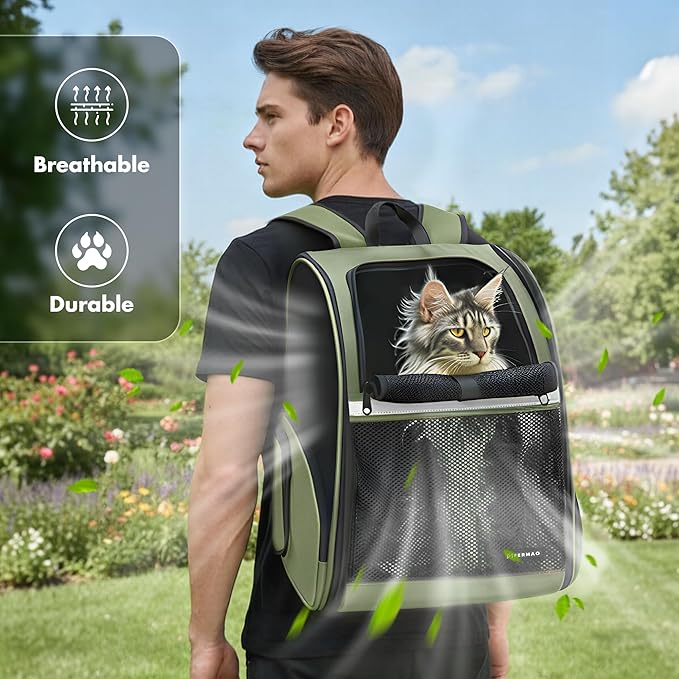 Pet Backpack Carrier, Large Cat Carrier Backpack Up to 20 Lbs with Breathable Mesh, for Medium Large Cats or Small Dogs, Travel Hiking Camping Backpack (DarkGreen-XL)