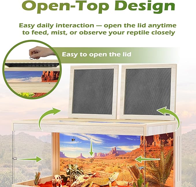Royxen Bearded Dragon Tank, Tempered Glass Reptile Terrarium with Metal Mesh Top, 3-Side Clear Anti-Scratch Glass Lizard Tank for Reptile Habitat (Oak, 34 Gallons,32" Length)
