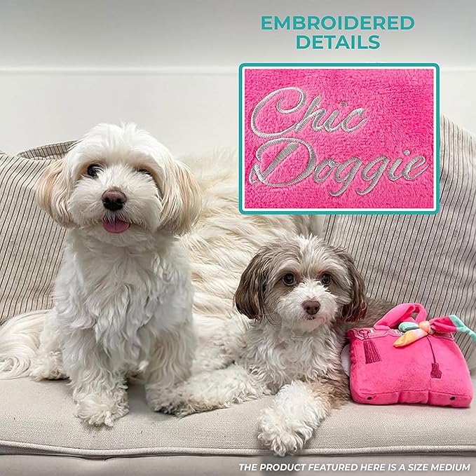 Haute Diggity Dog Barkin Bag with Scarf, Plush Designer Dog Toys with Interactive Squeaker, Stimulating Pet Enrichment, Machine-Washable & Safe Materials for All Breeds, Size Small