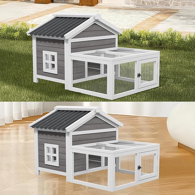 Rabbit Hutch Chicken Coop Outdoor Woden Small Animal Cage with Ventilated Wire Run, Weatherproof for Quail, Bunnies, Guinea Pigs