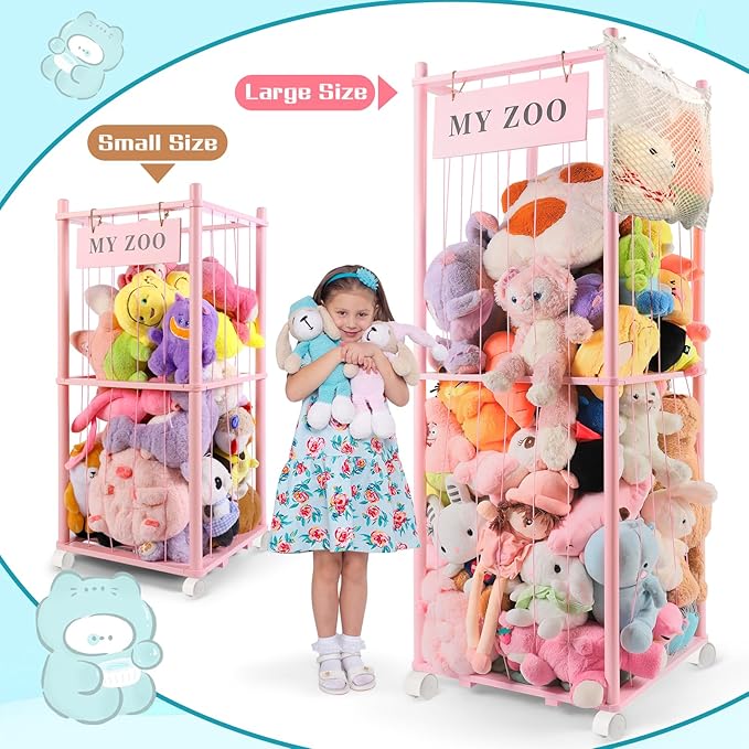 Stuffed Animal Storage Zoo with Wheels, Wooden Stuffed Animal Organizer with Elastic Cords, Space Saving Toy Plushies Storage Holder for Playroom, Bedroom, Living Room(Pink, Large)