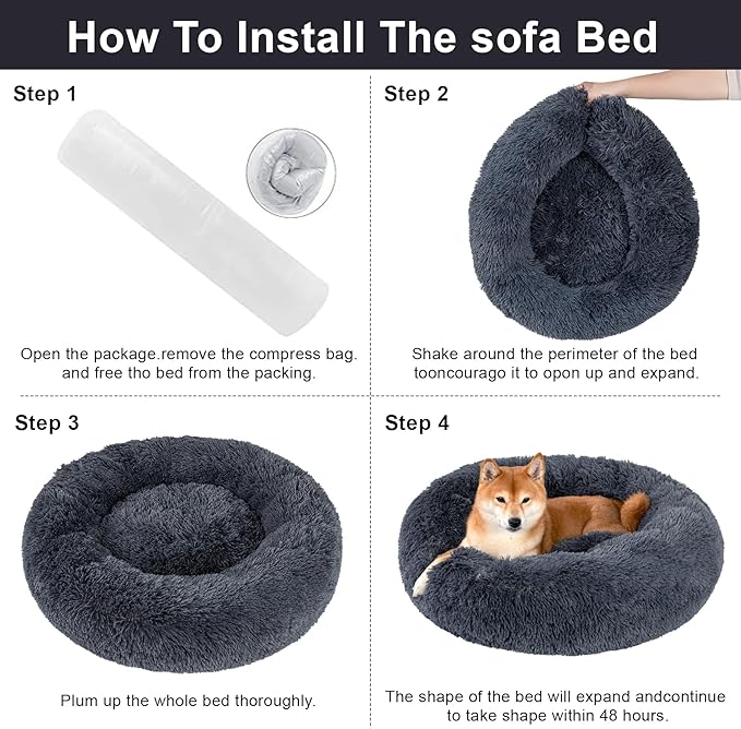 Dog Calming Beds for Small Medium Large Dogs - Round Donut Washable Puppy Dog Bed, Anti-Slip Faux Fur Fluffy Donut Cuddle Anxiety Cat Pet Bed(32" Dark Grey)
