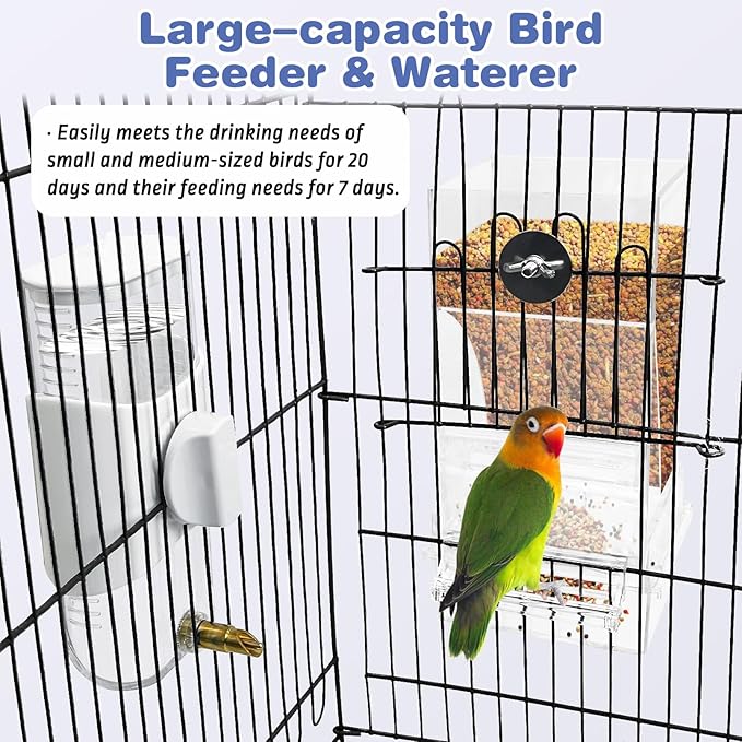 PINVNBY No Mess Bird Feeder & Water Dispenser Set Automatic Parrot Feeder Transparent Food Container Drinker Parakeet Cage Accessories for Cockatiel Budgie Lovebird Finch (White)