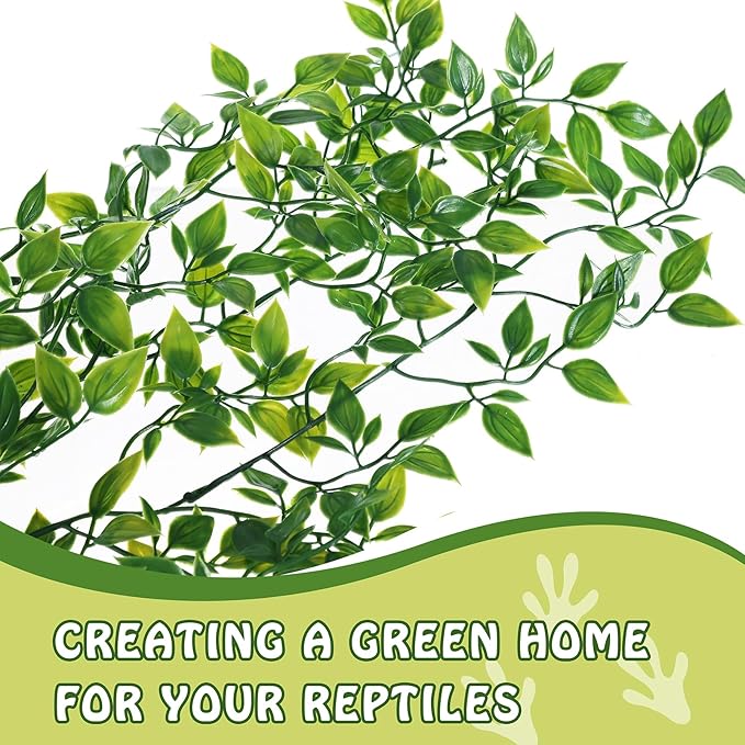 HERCOCCI Reptile Plants, 4 Pack Terrarium Hanging Plants Vines Artificial Leaves Habitat Decorations with Suction Cup for Bearded Dragon Hermit Crab Lizard Snake Geckos Chameleon