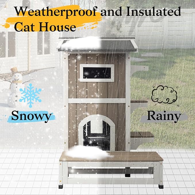 PetsCosset Insulated Outdoor Cat House Weatherproof, 2-Story Feral Cats Shelter Clawsable Cat House with Insulated Cat Scratching Cloth, Openable Asphalt Roof, Balcony, 4 Door, 2 Platforms