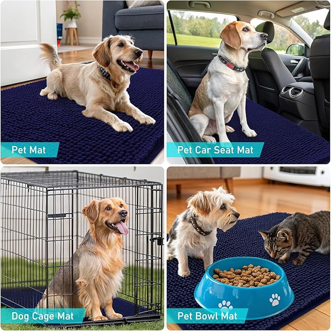OLANLY Dog Door Mat Set 2-Piece 36x24, Absorbs Moisture and Dirt, Absorbent Non-Slip Washable Doormat, Quick Dry Chenille Mud Mat for Dogs, Entry Indoor Entryway Carpet for Inside Floor, Navy Blue