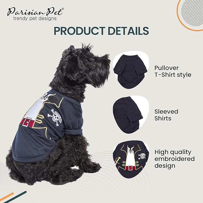 Parisian Pet Captain Sparrow Dog Shirt - Embrroided Dog Pirate Costume - 100% Cotton & Polyester Dog Pirate Captain Shirt - Sleeved Dog Clothes - Black Dog Shirts for Medium Dogs - Pet Costumes - M