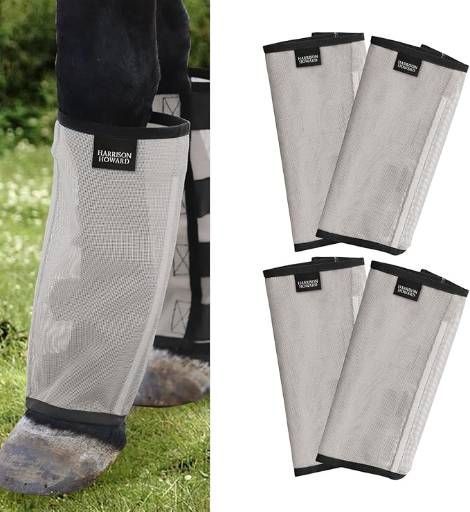 Harrison Howard Loose Fitting Fly Boots UV-Protective Extra Tough Mesh Ventilated Four Fasteners Stay-on Design Protect Horse Legs & Stomp-Reducing Set of 4 Silver Grey Mini