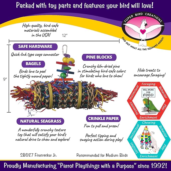 Super Bird Creations SB687 Firecracker Jr. Bird Toy - Foraging Chewing Swinging Toy for Parrots, Conures, Quakers, Pionus, Senegals - Natural Paper Shred Palm Leaves - Medium Birds, Size: 18" x 8"