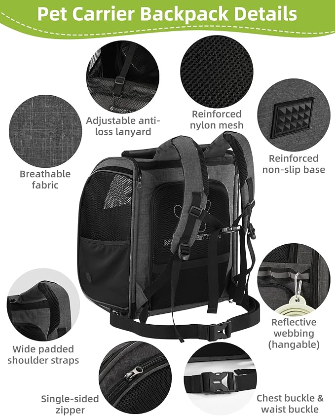 Expandable Cat Carrier Backpacks with Breathable Mesh, Pet Carrier Backpack for Cats Small Dogs Puppies Up to 20 Lbs, Dog Carrier Backpack Great for Travel/Hiking/Camping/Outdoor-Grey with Green