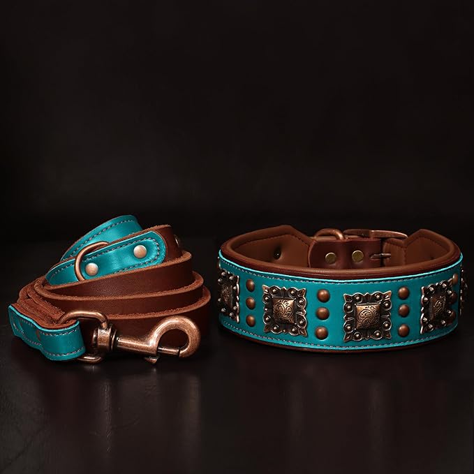 PET ARTIST Soft Padded Leather Dog Collar, 2 inch Wide Genuine Leather Dog Collars with Stylish Studded Rivet & Metal Buckle, Luxury & Adjustable Pet Collars for Medium Dogs,Green,Neck 16-19"