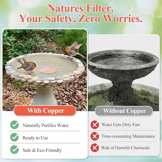 Bird Bath Copper Disk, Premium 99.99% Pure Copper, Less Cleaning Frequency, 0.6mm Pure Copper Cleaning Disk, Bird Bath Accessories, Physical Safe Water Purify Outdoor Bird Bowls