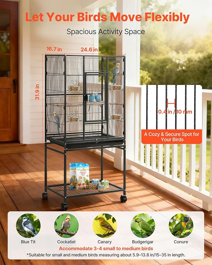 VEVOR Bird Cage, 24.6 x 16.7 x 53.9 inch, Flat Top, Wrought Iron Bird Flight Cage with Perches, Slide-Out Tray and Plastic Feeders, Casters, for Parrot, Blue Tit, Cockatiel, Canary, Budgerigar, Conure