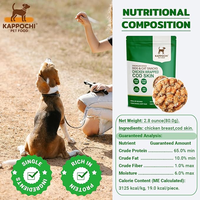Freeze Dried Chicken Wrapped Cod Skin Dog Treats, Rich in Omega-3, 2.8 Ounce (80.0g), Single Ingredient, High Protein Training Treats, Natural & Raw, No Additives, Grain Free, Gluten Free