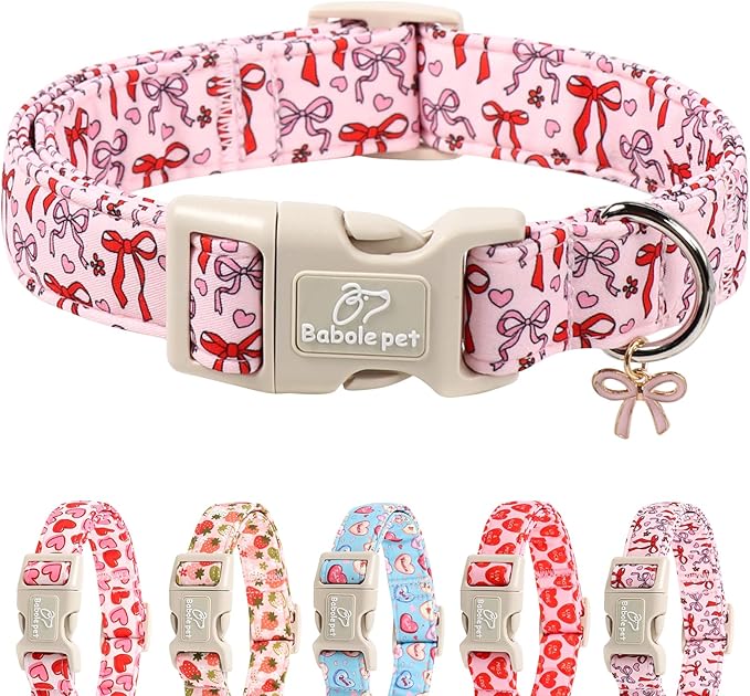 Girl Dog Collar for Small Dogs - Cute Heart Bow Print Girly Dog Collars, Soft Adjustable Spring/Summer Holiday Female Dogs Collar with Quick-Release Buckle XS