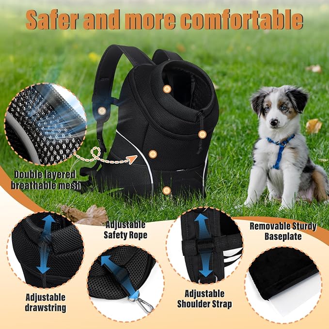 YUDODO Dog Front Carrier Backpack, Adjustable Breathable Pet Carrier for Small Dogs, Ventilated Puppy Back Pack with Safety Belt, Lightweight Doggy Backpack for Hiking Outdoor(Jet Black, L:9-13.5 lbs)