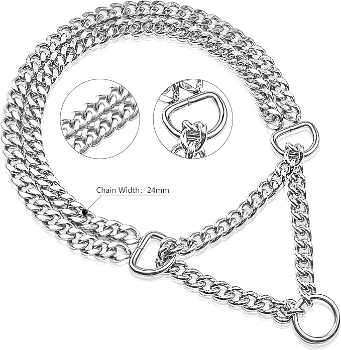 Silver Dog Chain Collar - Stainless Steel, Adjustable Walking, Metal Cuban Link Collar - Chew Proof, Double Row Chain for Large, Small, Medium Dogs