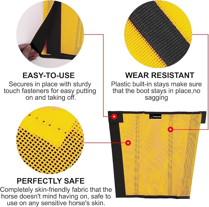 FOXLVDA Horse Fly Boots - Fly Boots for Horses Set of 4, Comfortable Horse Leggings, Mesh Material Design with Metal Support Bars for Reduces Stomping & Leg Fatigue (Yellow, Large)