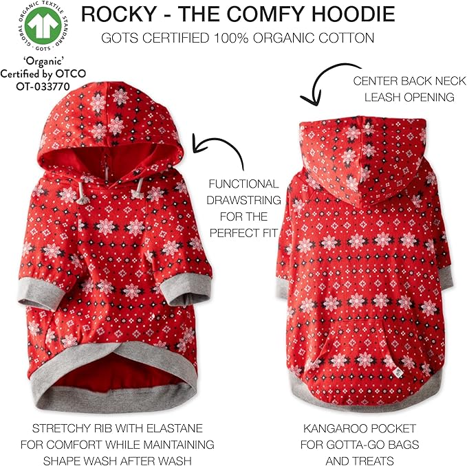Rocky – The Orginal Lightweight Hooded TEE 100% Organic Cotton Dog Hoodie Pet Coat Sweater for Small, Medium, Large Dogs, Red Fair Isle, X-Small