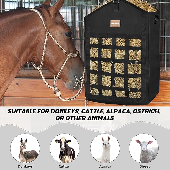 Innovative Hay Bags for Horses, Goat Hay Feeder with Reinforced Oxford Fabric and High Strength Metal Clasp,Horse Feeding Supplies with Adjustable Strap for Easy Hanging (Black-1pack)
