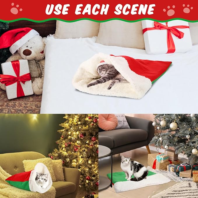Self Heating Cat Sleeping Bag Indoor Self Warming Cat Bed Cave Heated Pad Cozy Soft Winter Washable Wrap Pet Snuggle Sack Pouch for Puppy Dog Kitten, 24 x 21 Inch (Festive,Red and Green)